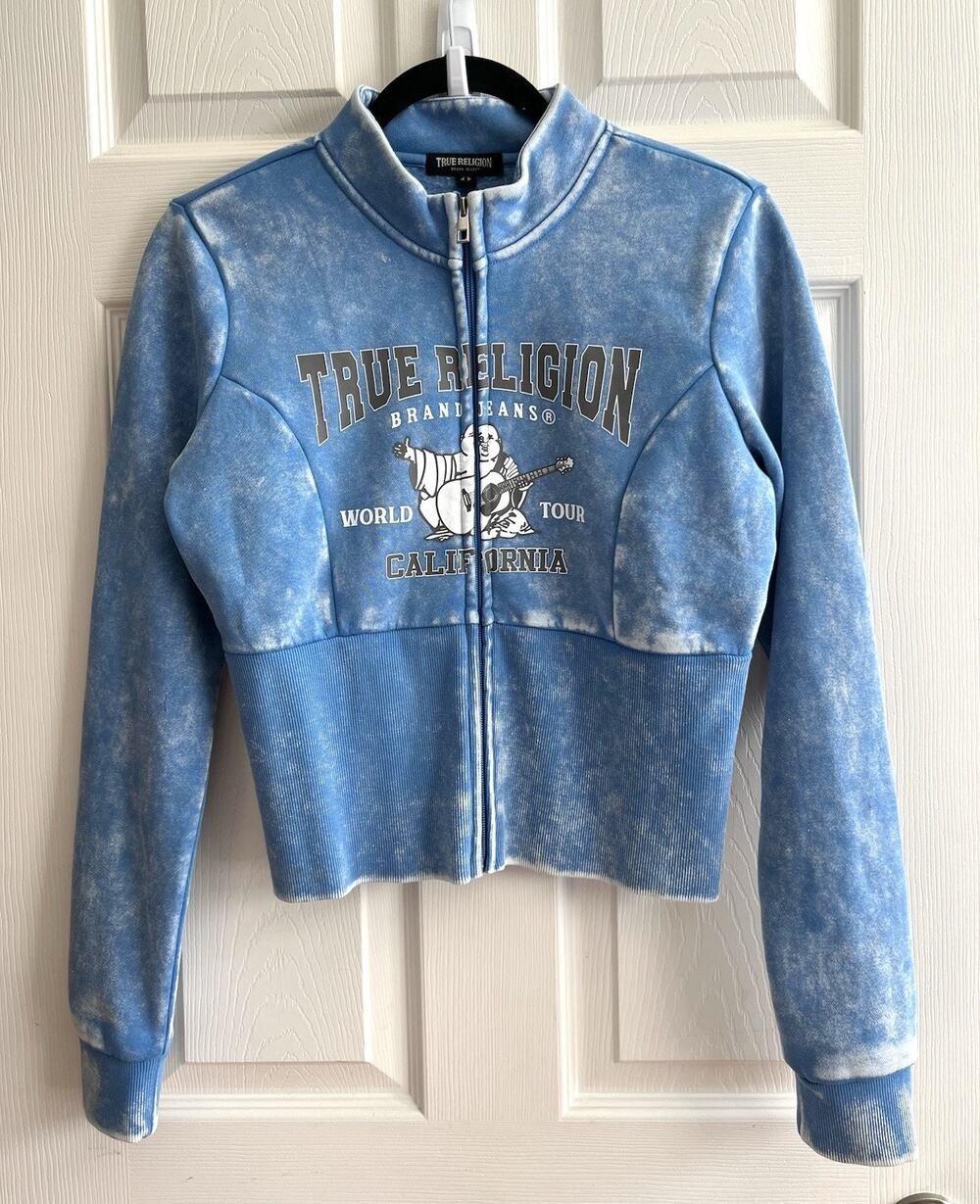 TRUE RELIGION Women's Blue Big Budda Y2K-Style Cropped Fleece Ribbed Jacket Sz M